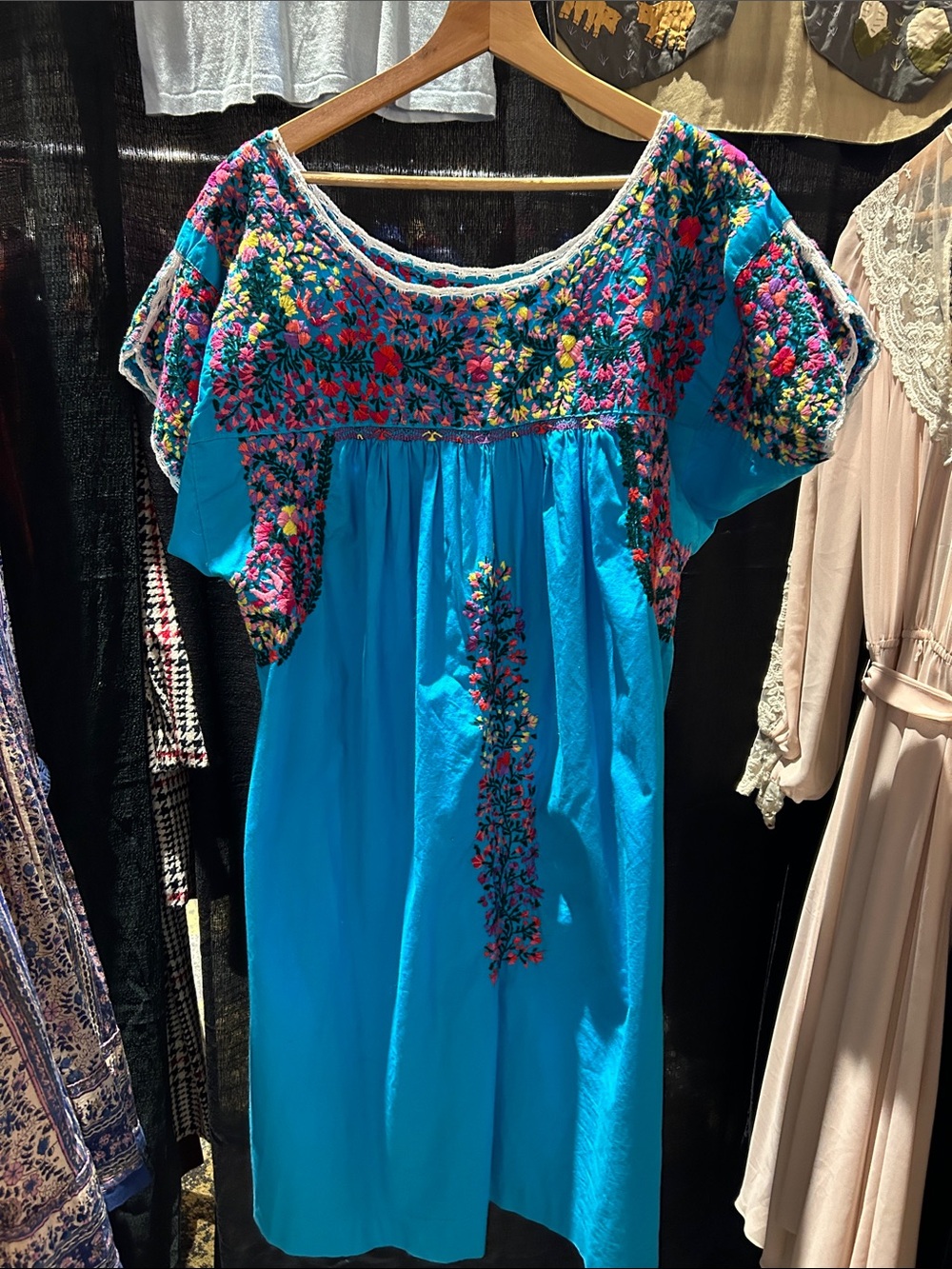 Hand-Embroidered Turquoise Midi Dress with Floral Accents